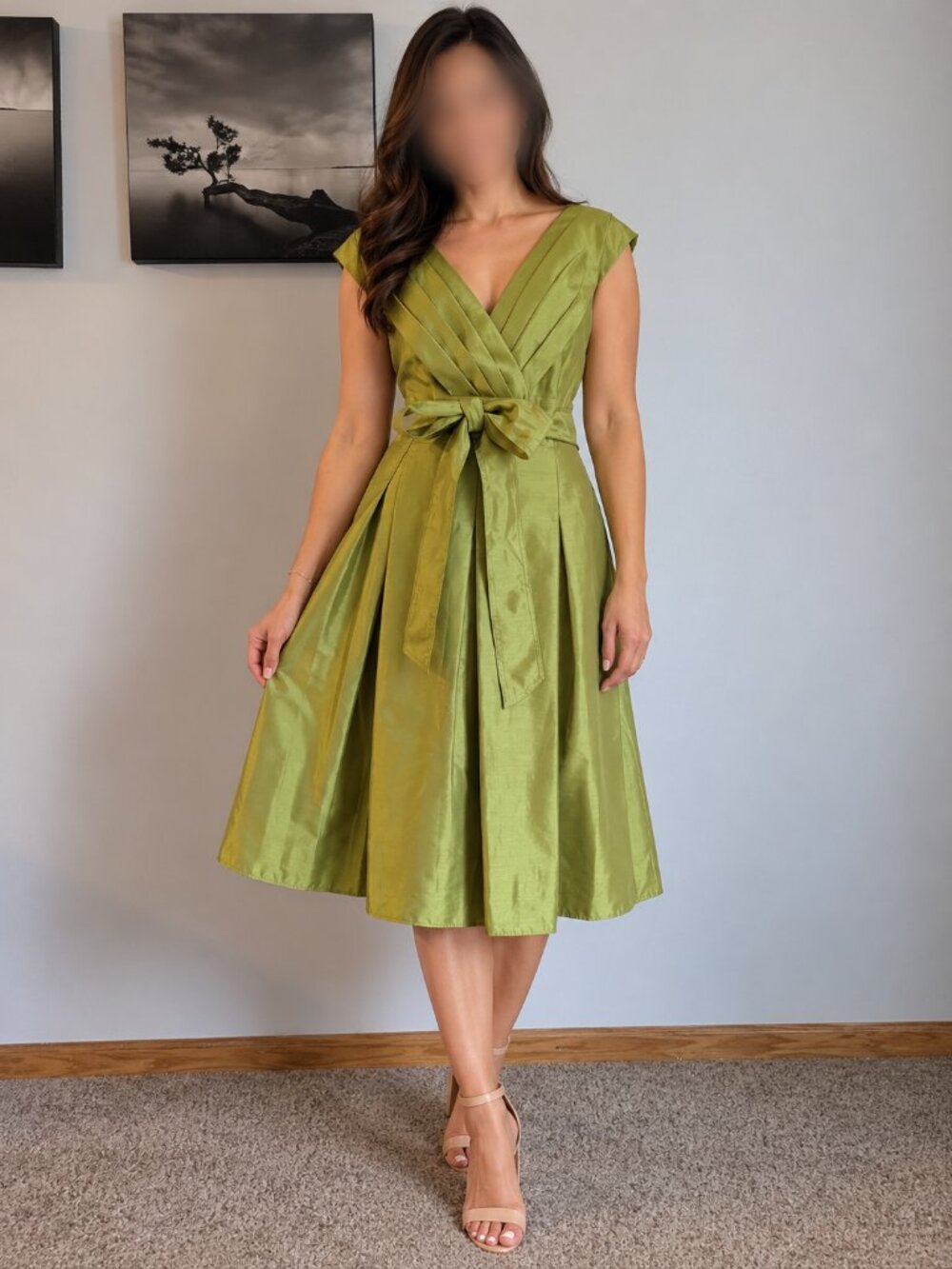 wedding dress with green belt dressbarn | Dresses | Dressbarn Pleated Vneck Midi Size 4 Career Guest wedding dress with green leaves